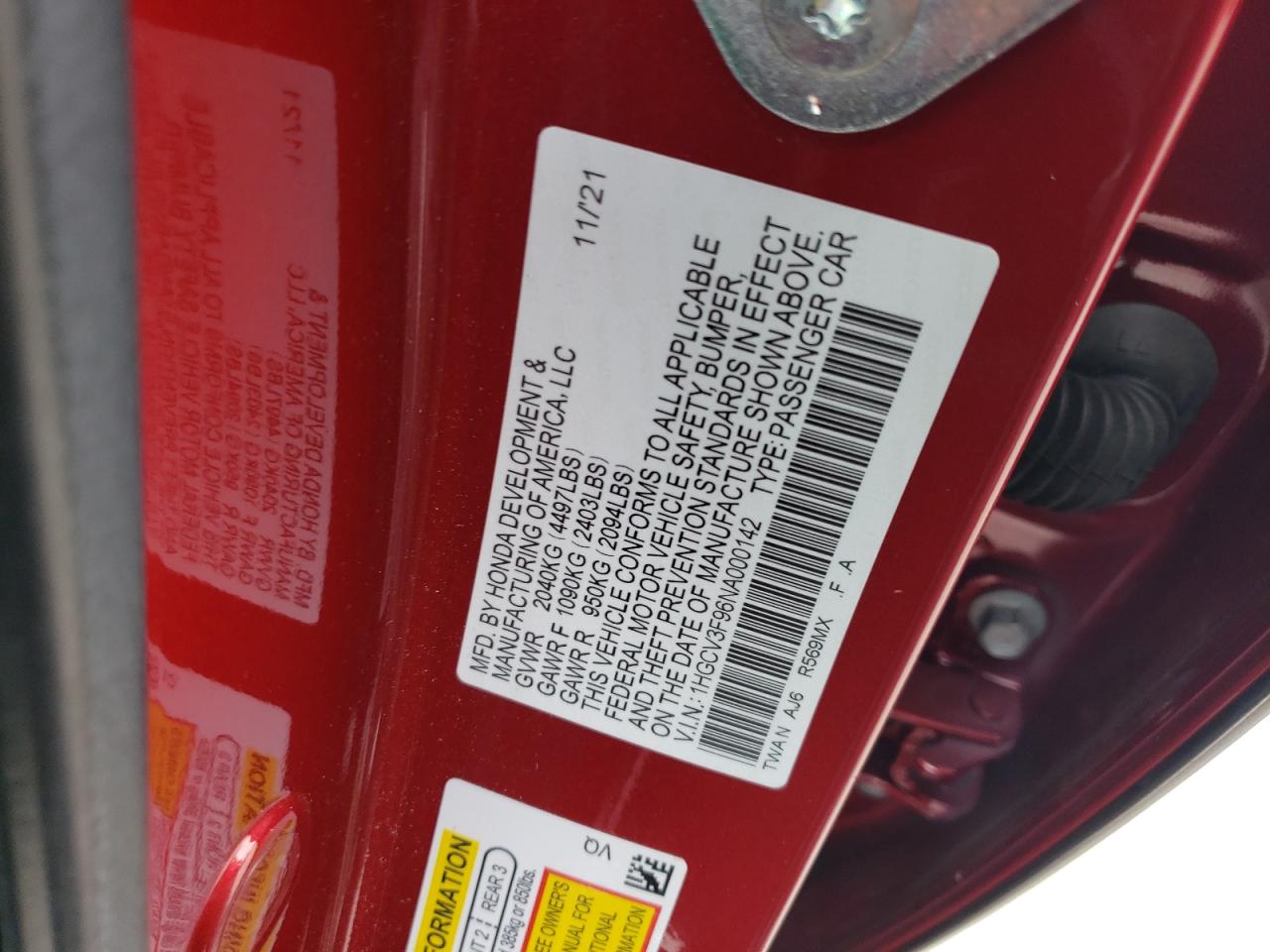 2022 Honda Accord VIN 1HGCV3F96NA000142 Copart auction photo, front end / rear end damage thumbnail 14