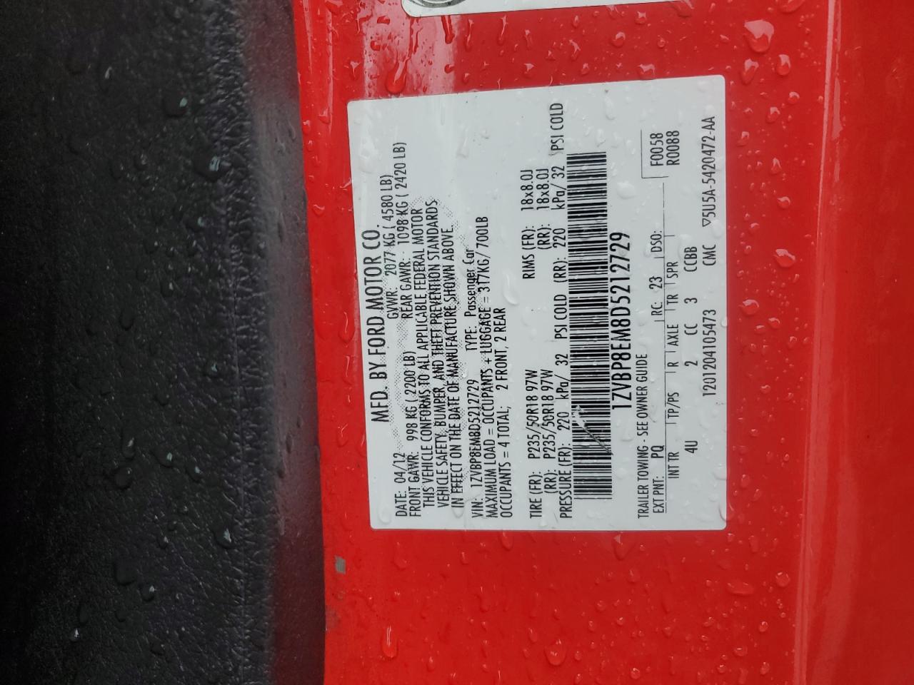 2013 Ford Mustang VIN 1ZVBP8EM8D5212729 Copart auction photo, side damage thumbnail 12