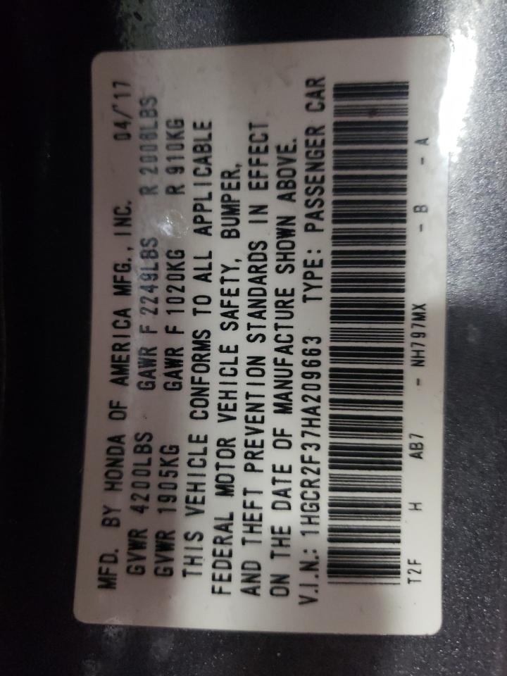 2017 Honda Accord VIN 1HGCR2F37HA209663 Copart auction photo, front end damage thumbnail 12