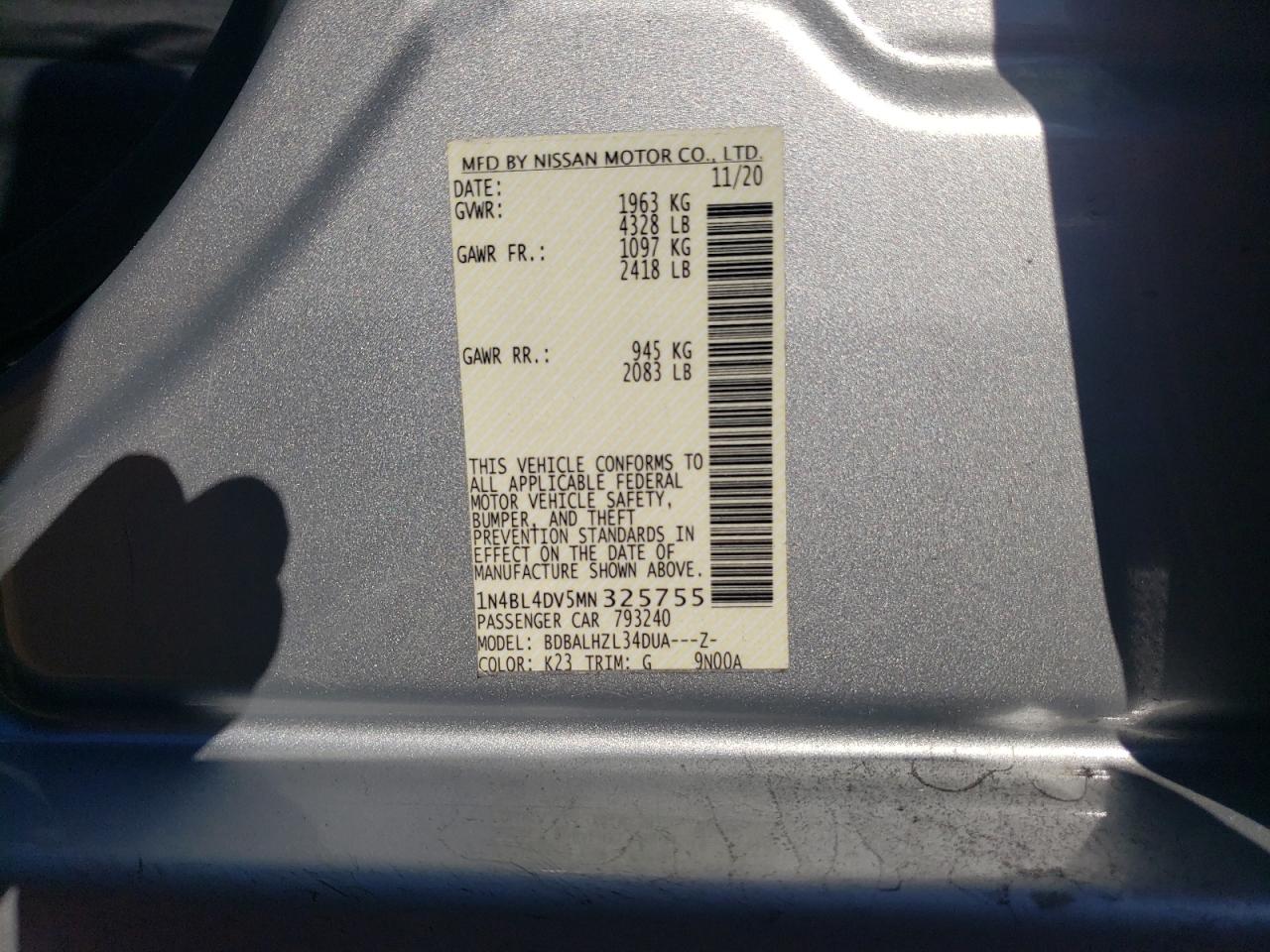 2021 Nissan Altima VIN 1N4BL4DV5MN325755 Copart auction photo, front end damage thumbnail 12