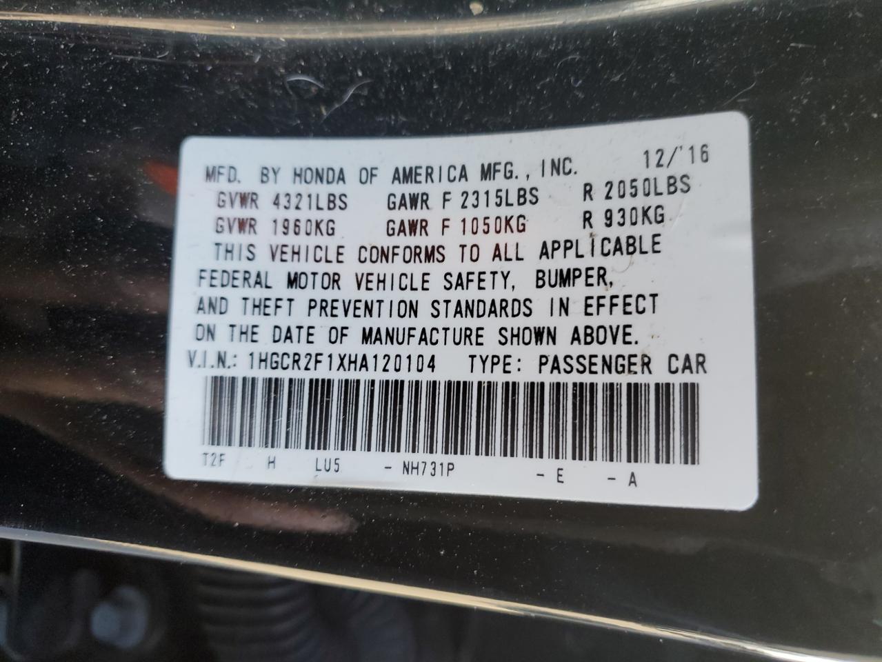 2017 Honda Accord VIN 1HGCR2F1XHA120104 Copart auction photo, front end damage thumbnail 12