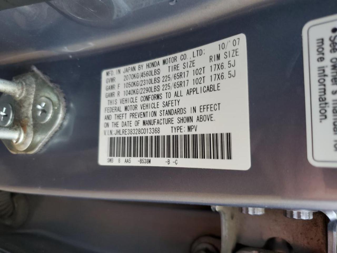 2008 Honda CR-V VIN JHLRE38328C013368 Copart auction photo, front end / rear end damage thumbnail 13