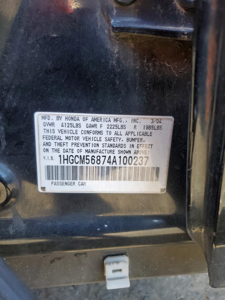 2004 Honda Accord VIN 1HGCM56874A100237 Copart auction photo, rear end / side damage thumbnail 12