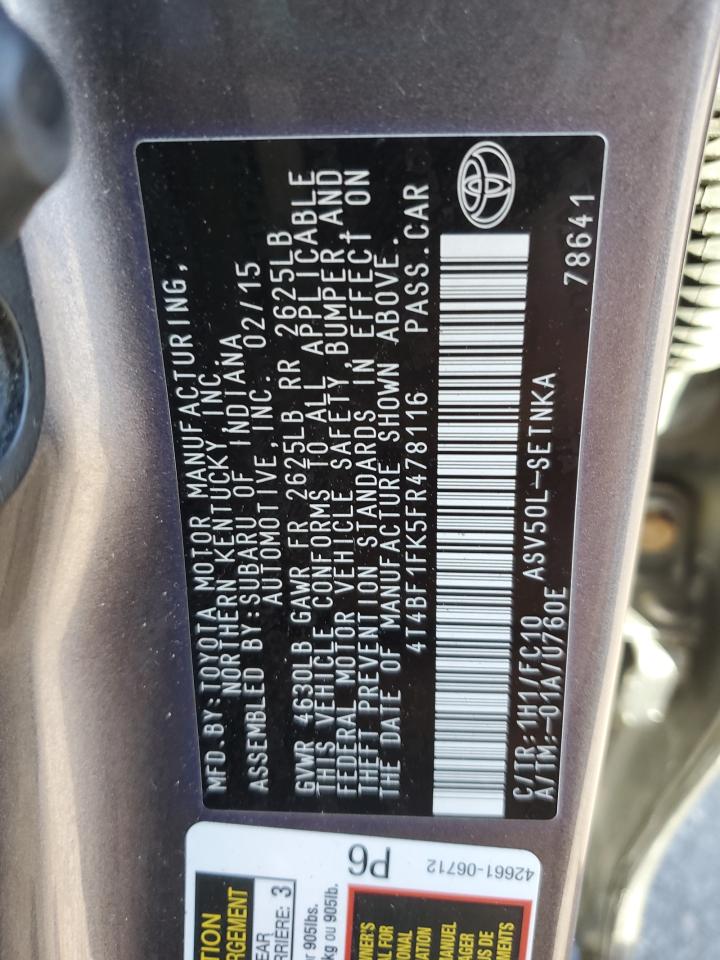 2015 Toyota Camry VIN 4T4BF1FK5FR478116 Copart auction photo, rear end / front end damage thumbnail 13