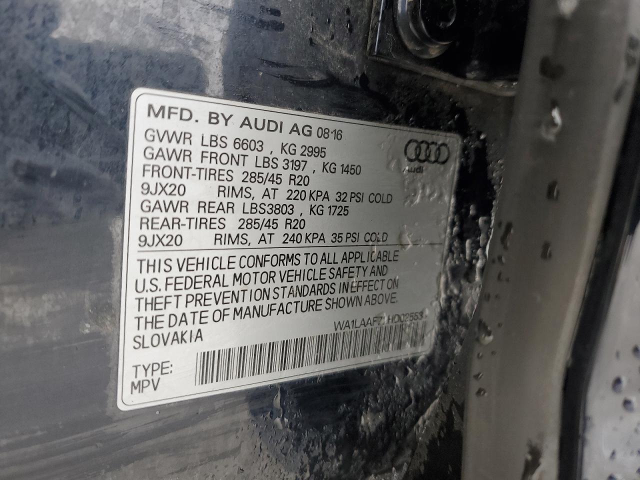 2017 Audi Q7 VIN WA1LAAF72HD025534 Copart auction photo, front end / side damage thumbnail 14