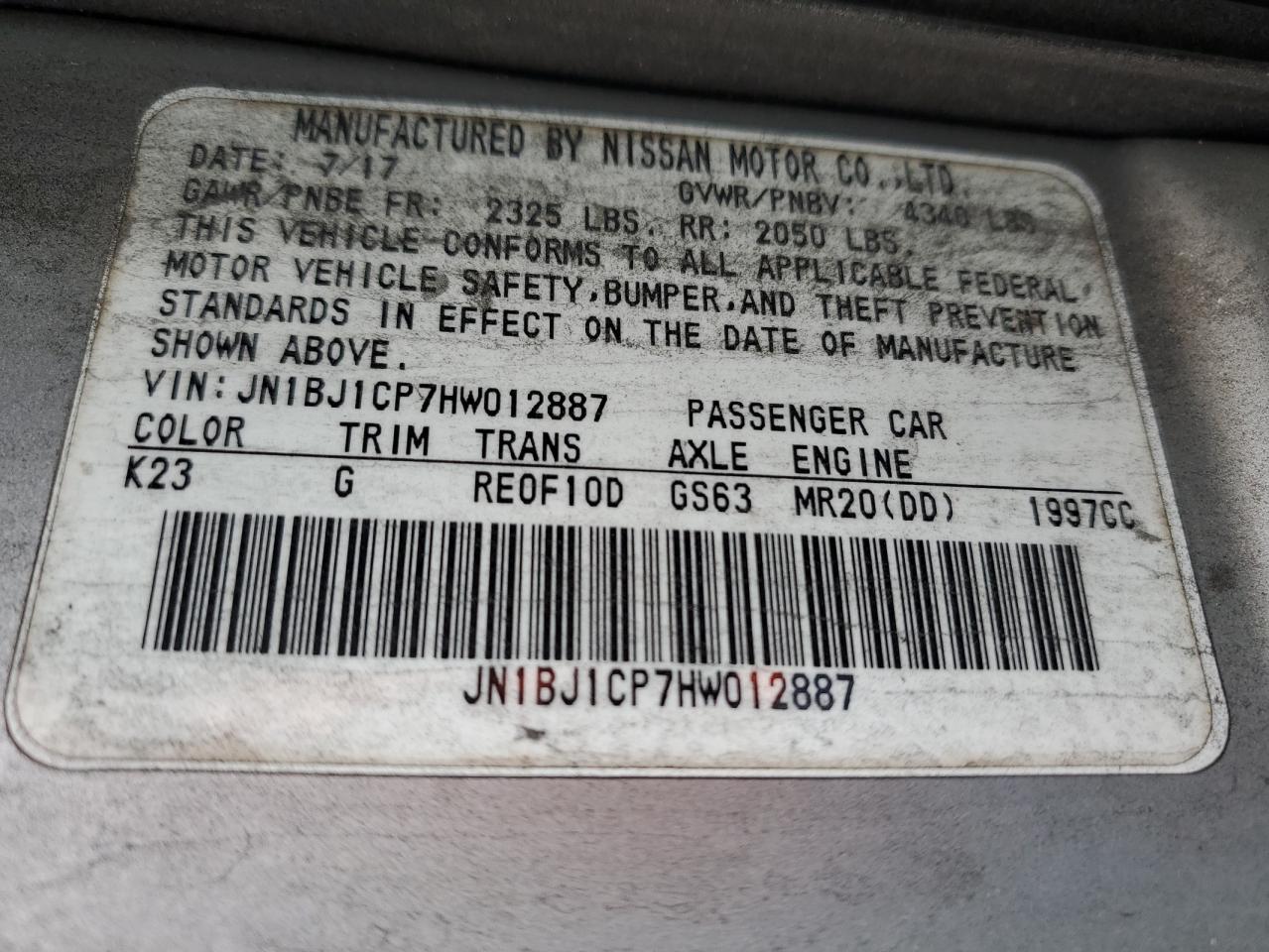 2017 Nissan Rogue VIN JN1BJ1CP7HW012887 Copart auction photo, all over damage thumbnail 15