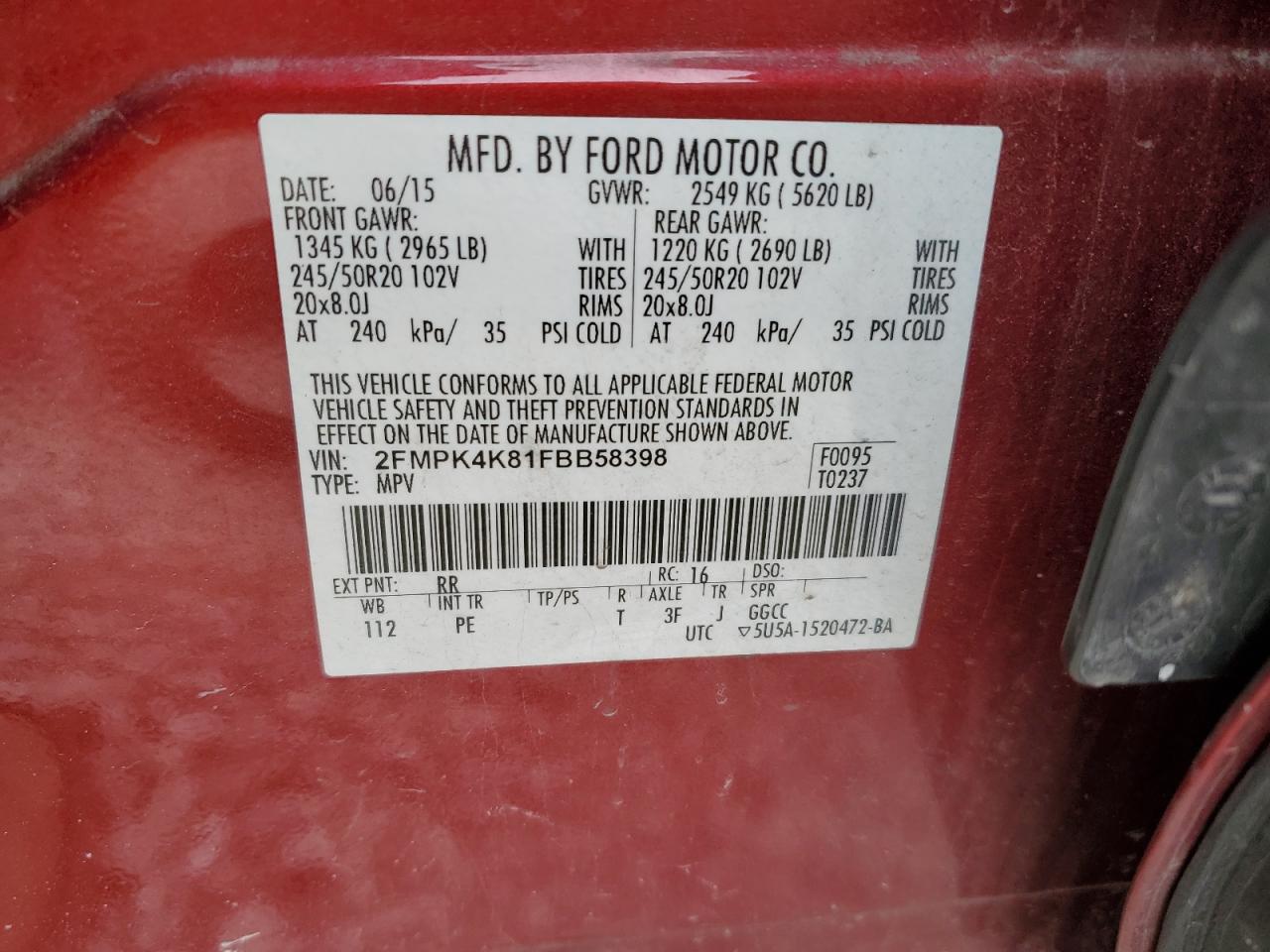 2015 Ford Edge VIN 2FMPK4K81FBB58398 Copart auction photo, front end / minor dent/scratches damage thumbnail 14