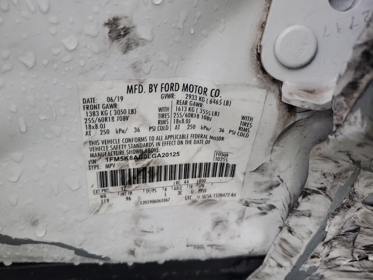 2020 Ford Explorer VIN 1FM5K8AB0LGA20125 Copart auction photo, side / front end damage thumbnail 13