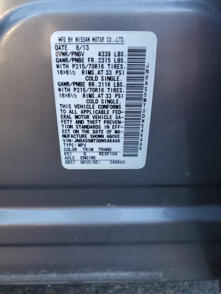 2013 Nissan Rogue VIN JN8AS5MT0DW546496 Copart auction photo, all over damage thumbnail 13