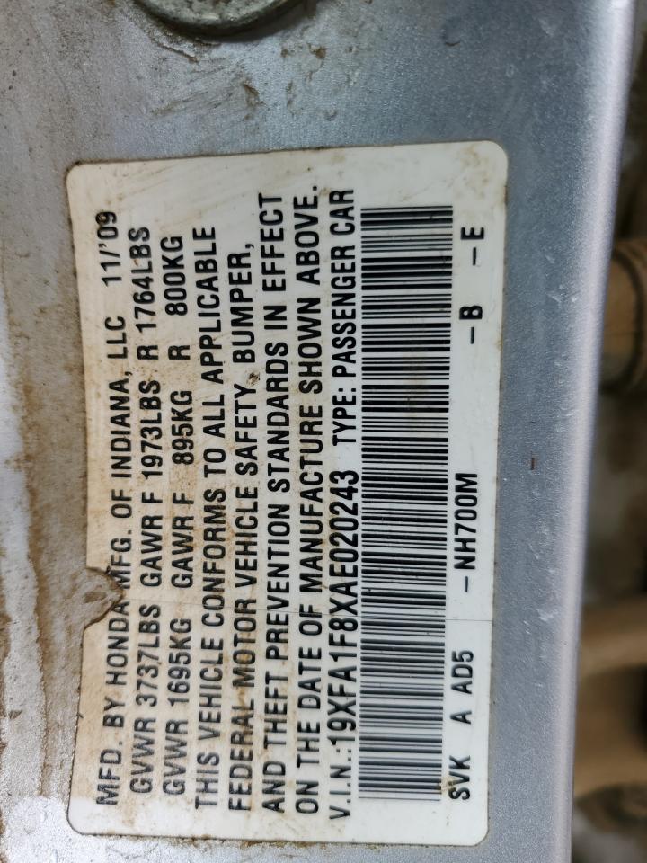 2010 Honda Civic VIN 19XFA1F8XAE020243 Copart auction photo, front end / rear end damage thumbnail 15