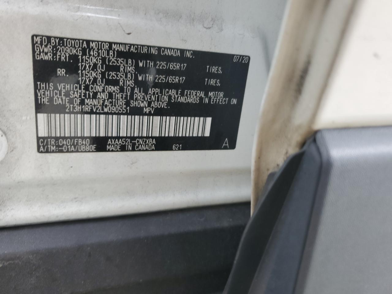 2020 Toyota RAV 4 VIN 2T3H1RFV2LW090551 Copart auction photo, rear end damage thumbnail 12