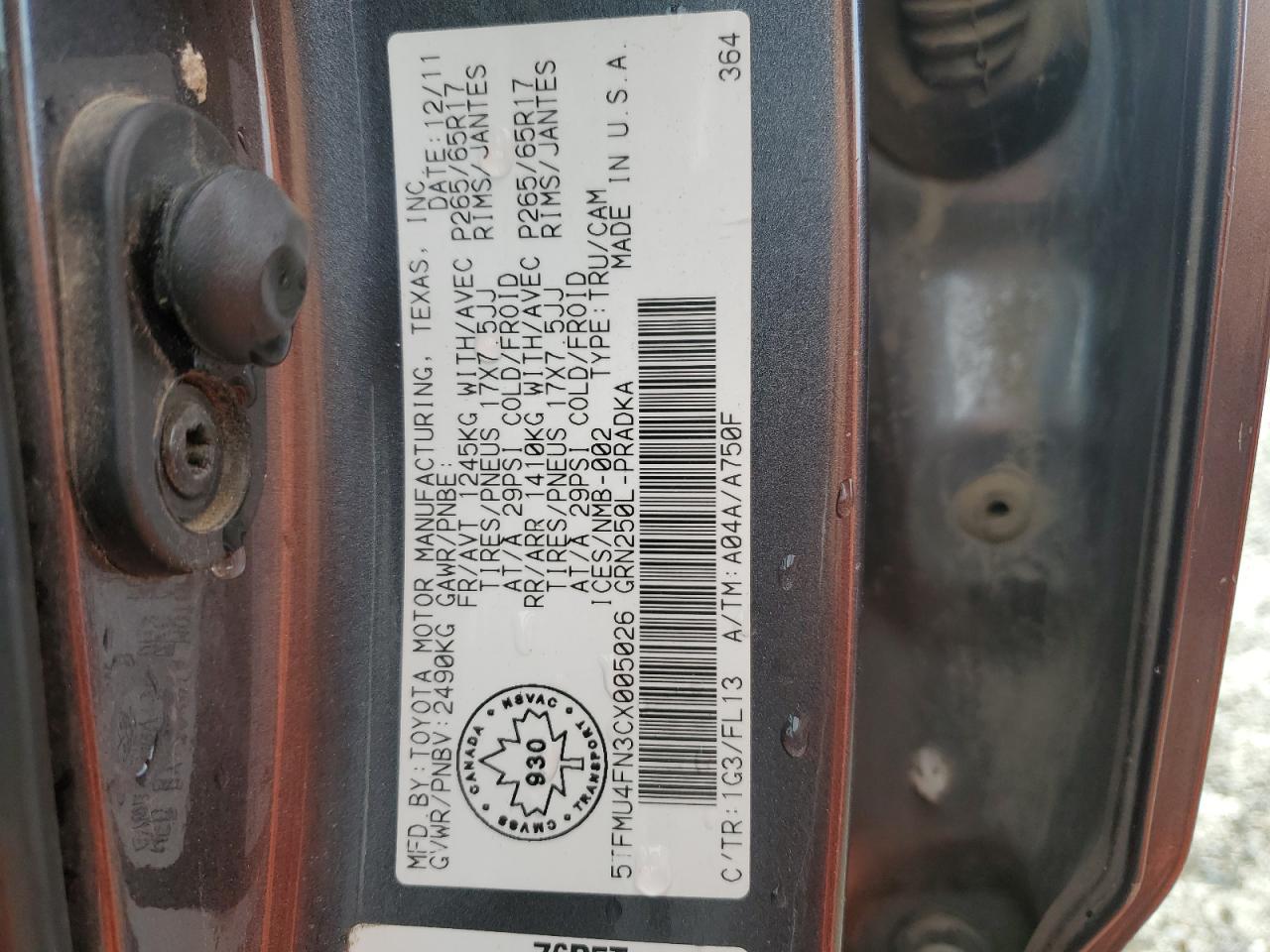 2012 Toyota Tacoma VIN 5TFMU4FN3CX005026 Copart auction photo, side damage thumbnail 12