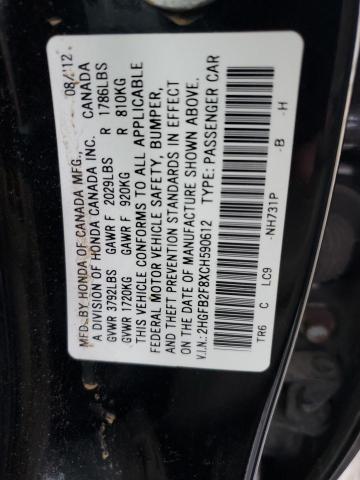 2012 Honda Civic VIN 2HGFB2F8XCH590612 Copart auction photo, front end damage thumbnail 12