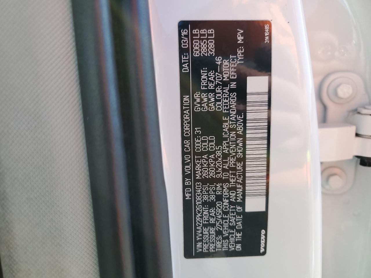2016 Volvo XC90 VIN YV4A22PK2G1083403 Copart auction photo, rear end / side damage thumbnail 14