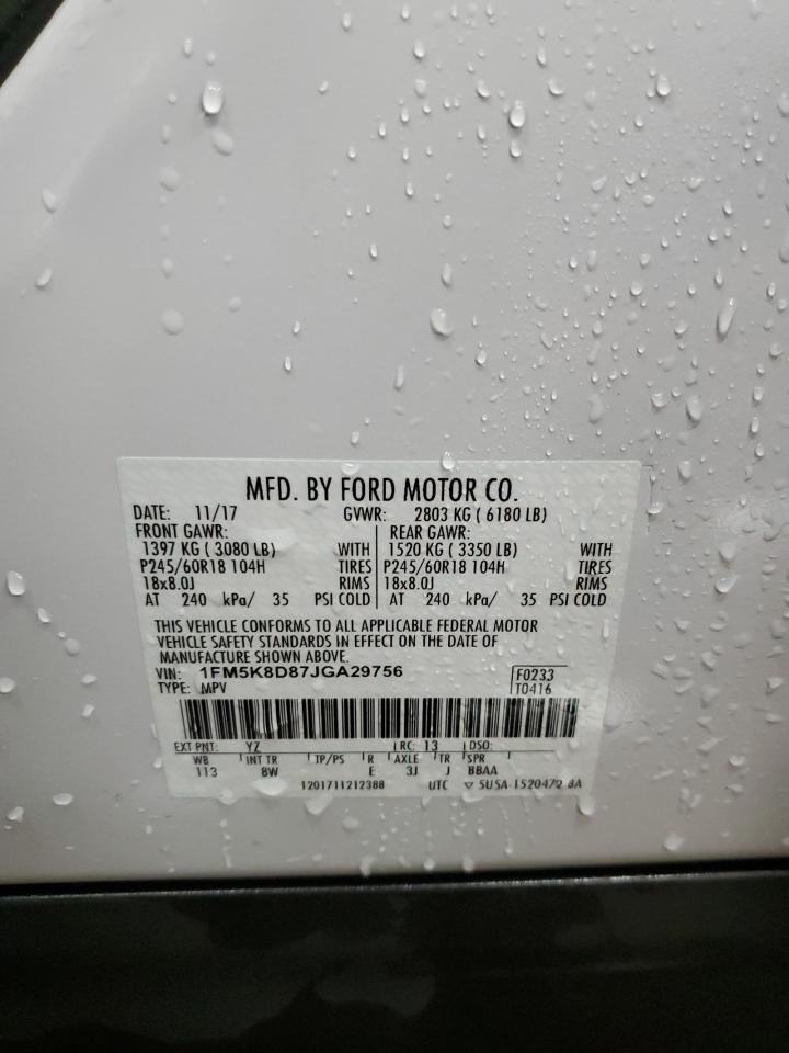2018 Ford Explorer VIN 1FM5K8D87JGA29756 Copart auction photo, front end / side damage thumbnail 14