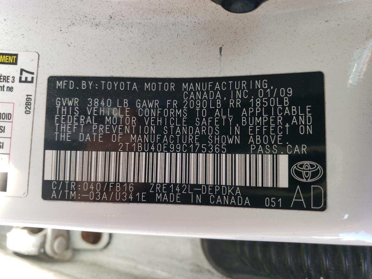 2009 Toyota Corolla VIN 2T1BU40E99C175365 Copart auction photo, front end / rear end damage thumbnail 13
