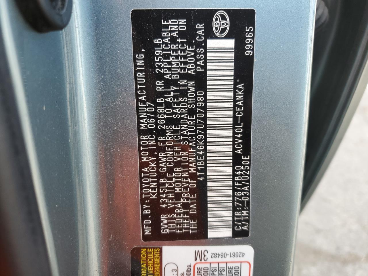 2007 Toyota Camry VIN 4T1BE46K97U707980 Copart auction photo, front end / minor dent/scratches damage thumbnail 12