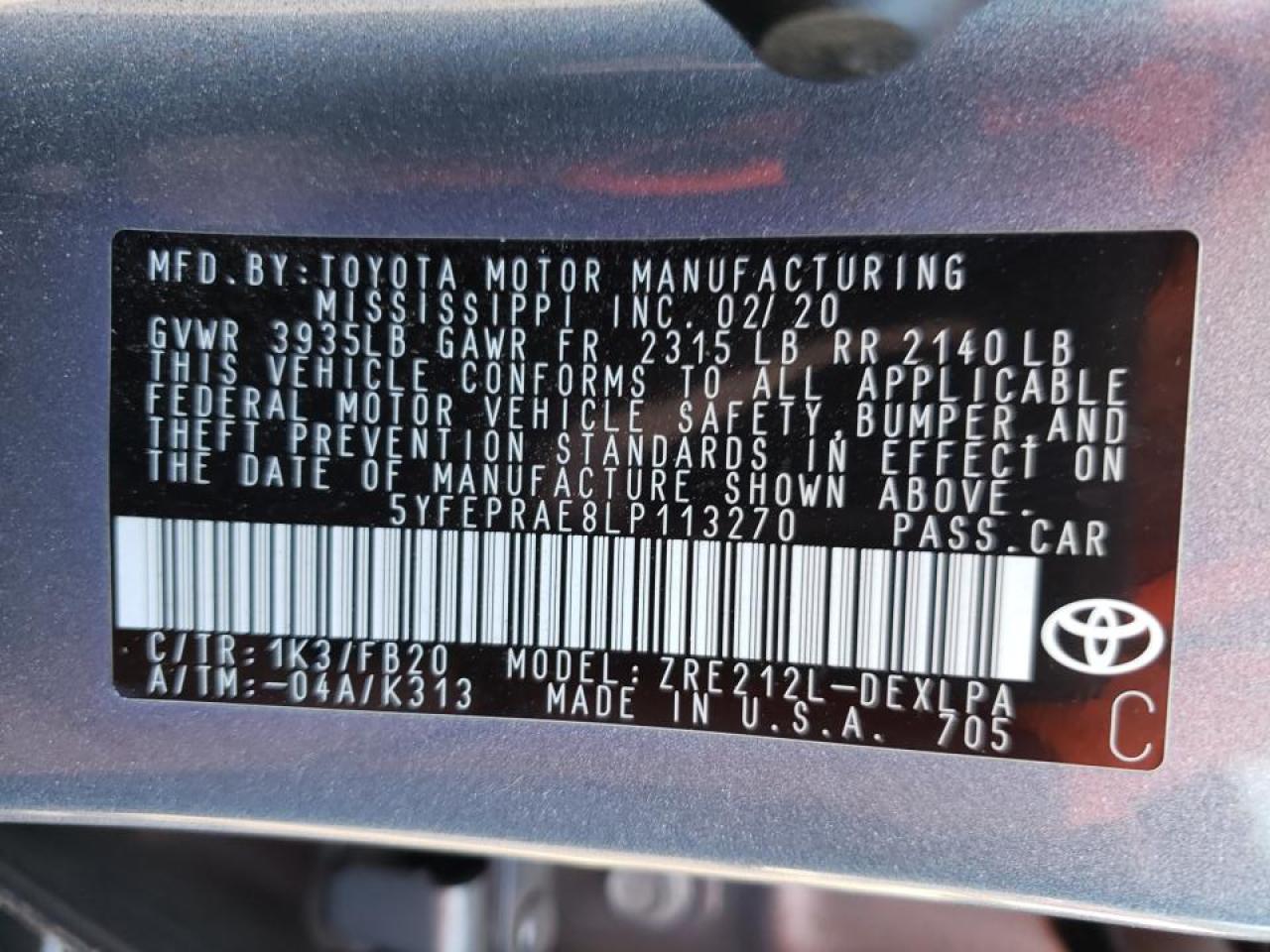 2020 Toyota Corolla VIN 5YFEPRAE8LP113270 Copart auction photo, all over / undercarriage damage thumbnail 13