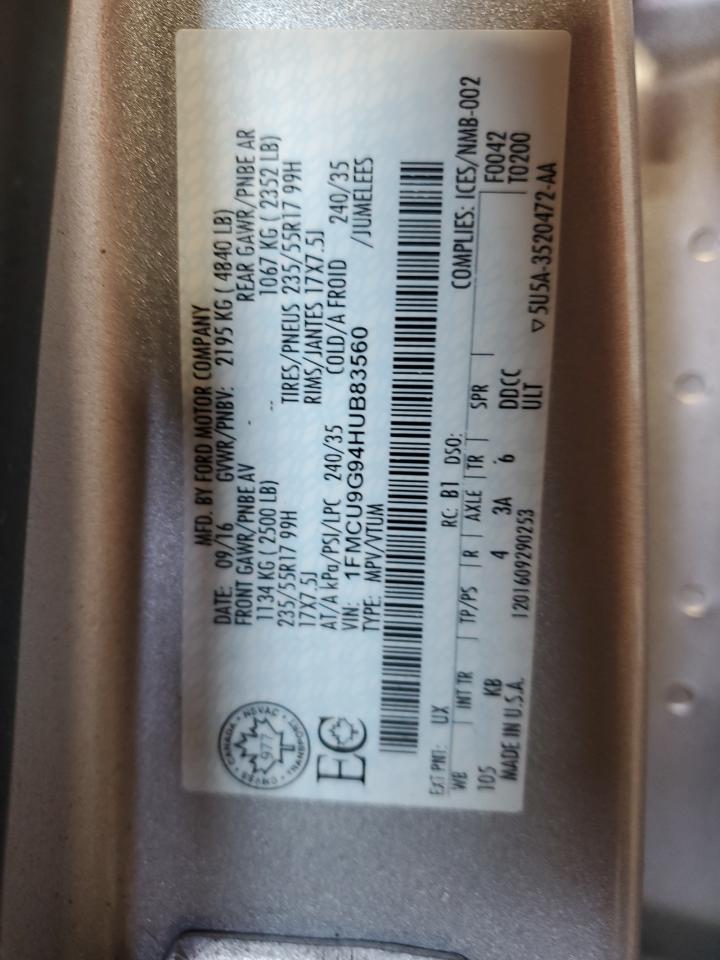 2017 Ford Escape VIN 1FMCU9G94HUB83560 Copart auction photo, front end damage thumbnail 13