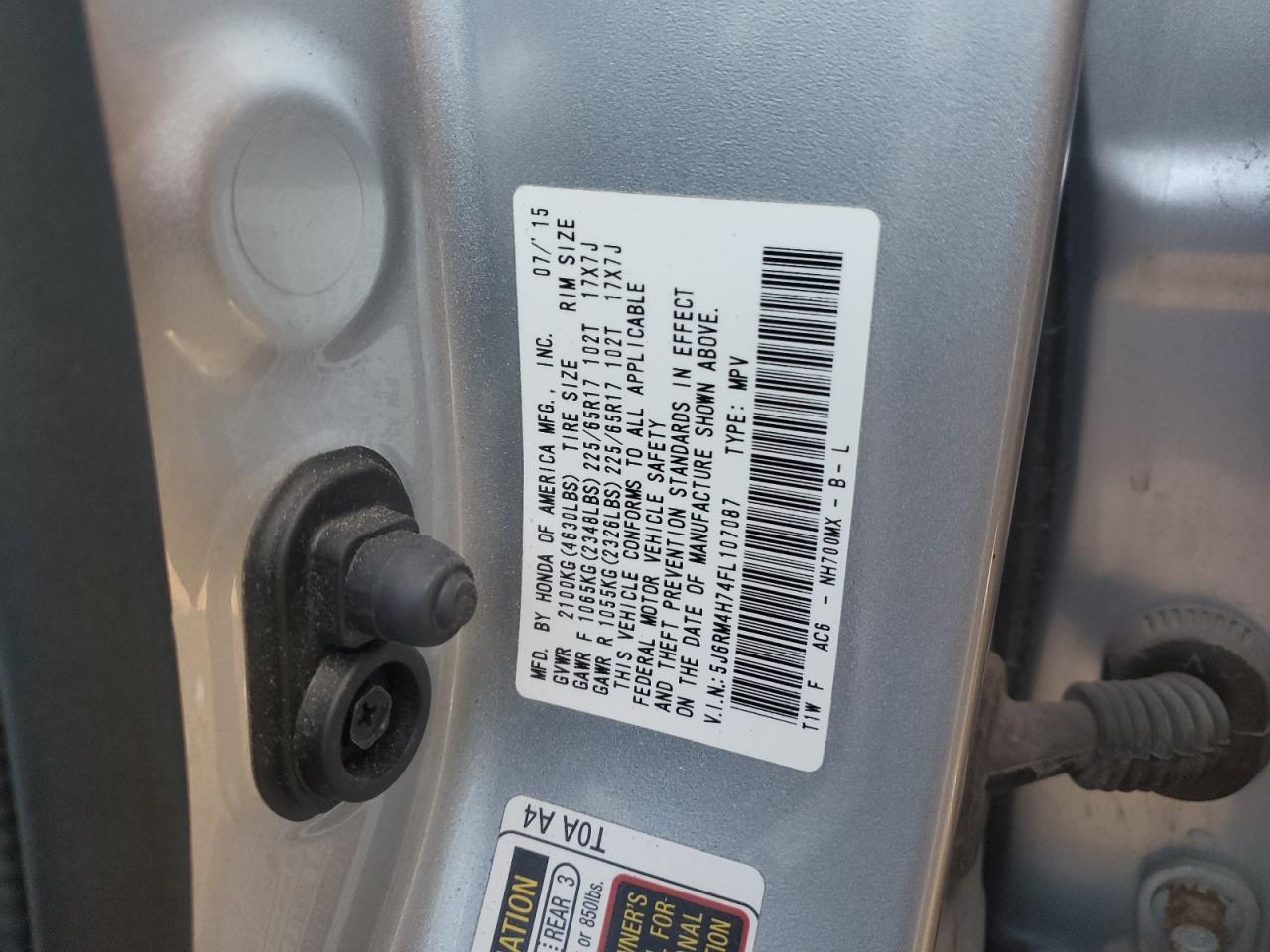 2015 Honda CR-V VIN 5J6RM4H74FL107087 Copart auction photo, front end / minor dent/scratches damage thumbnail 14