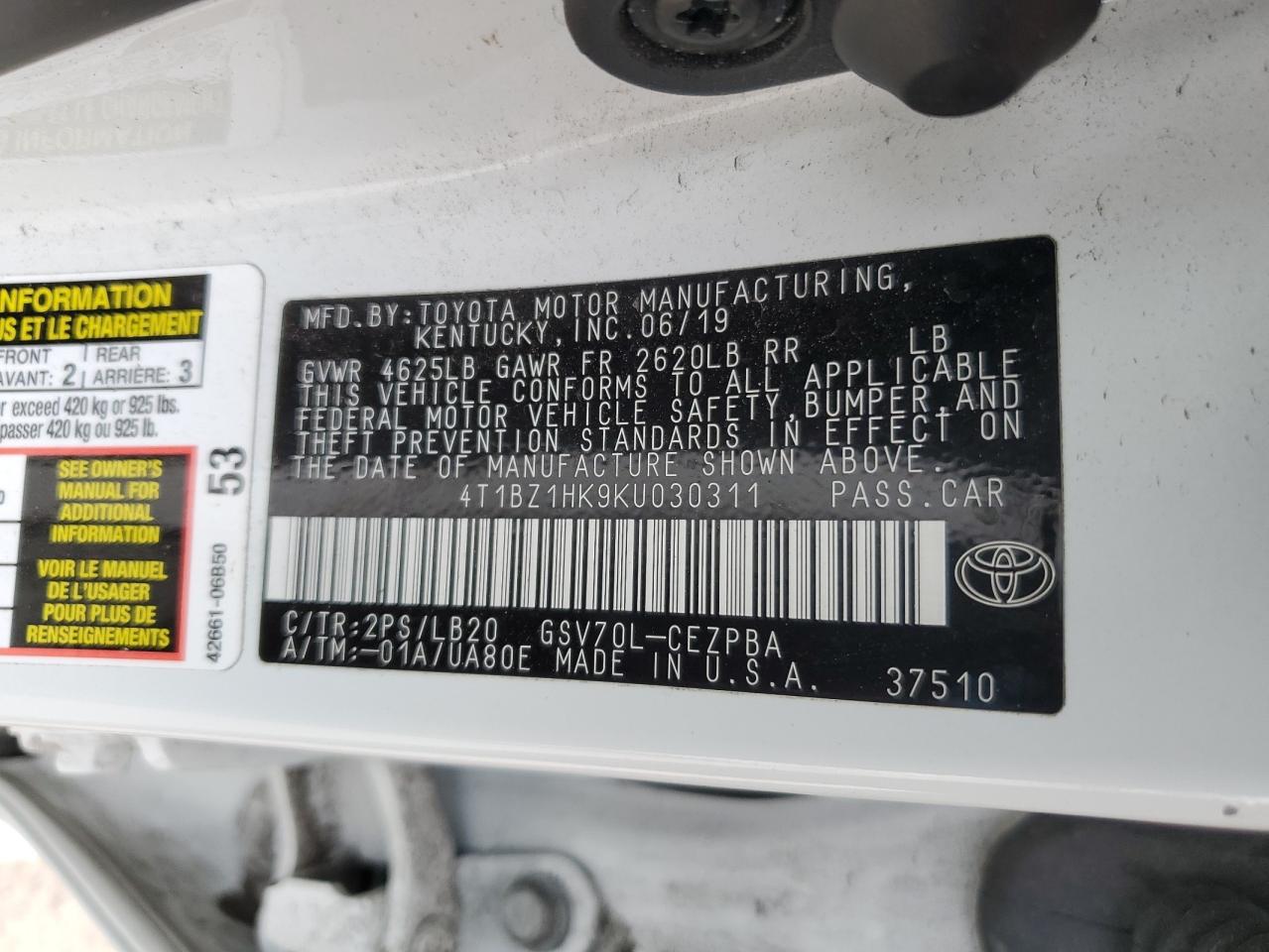 2019 Toyota Camry VIN 4T1BZ1HK9KU030311 Copart auction photo, rear end / side damage thumbnail 14