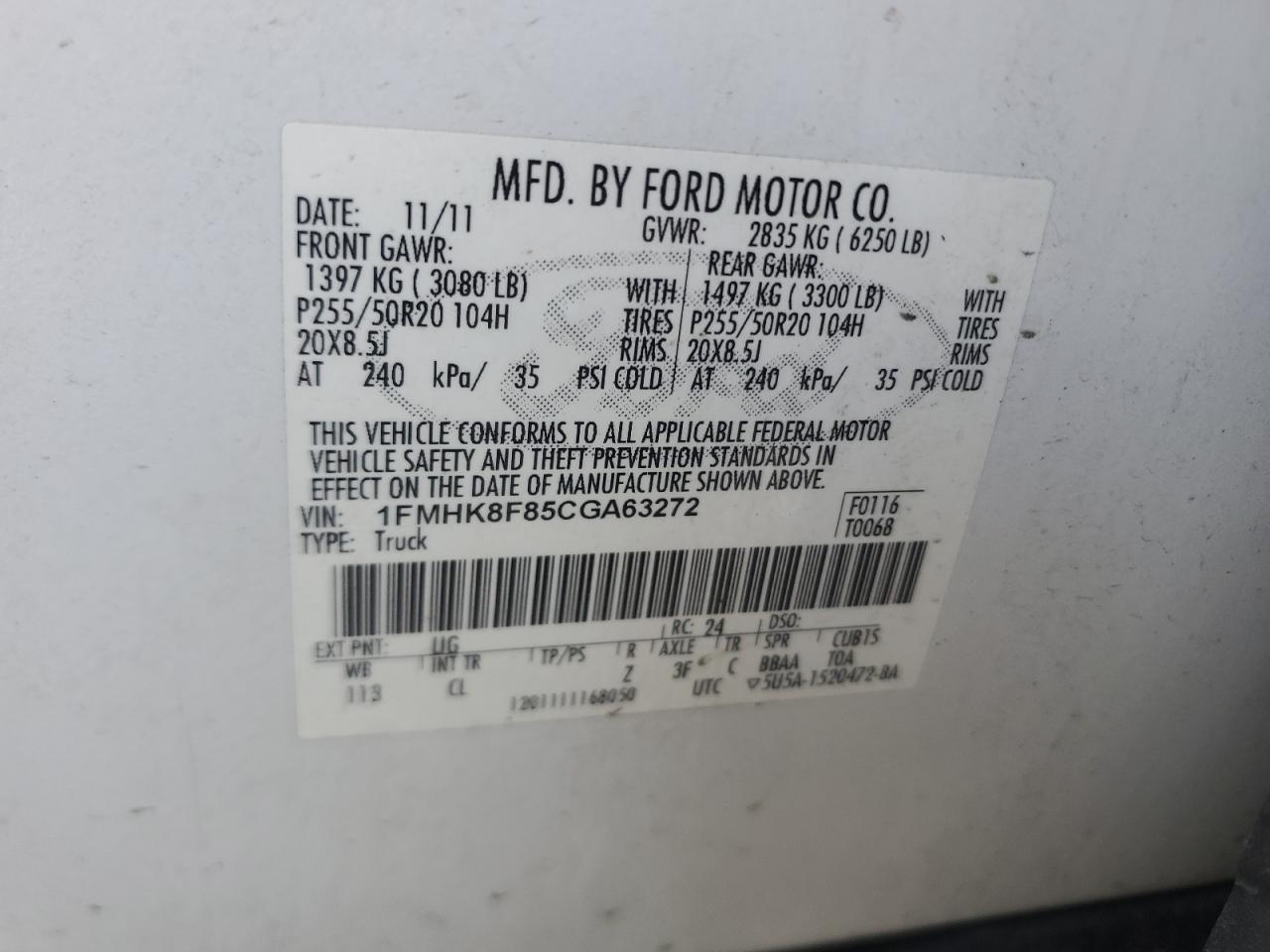 2012 Ford Explorer VIN 1FMHK8F85CGA63272 Copart auction photo, side damage thumbnail 14