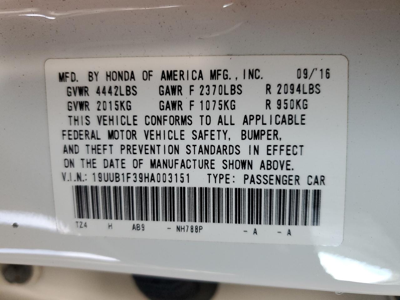 2017 Acura TLX VIN 19UUB1F39HA003151 Copart auction photo, front end damage thumbnail 13