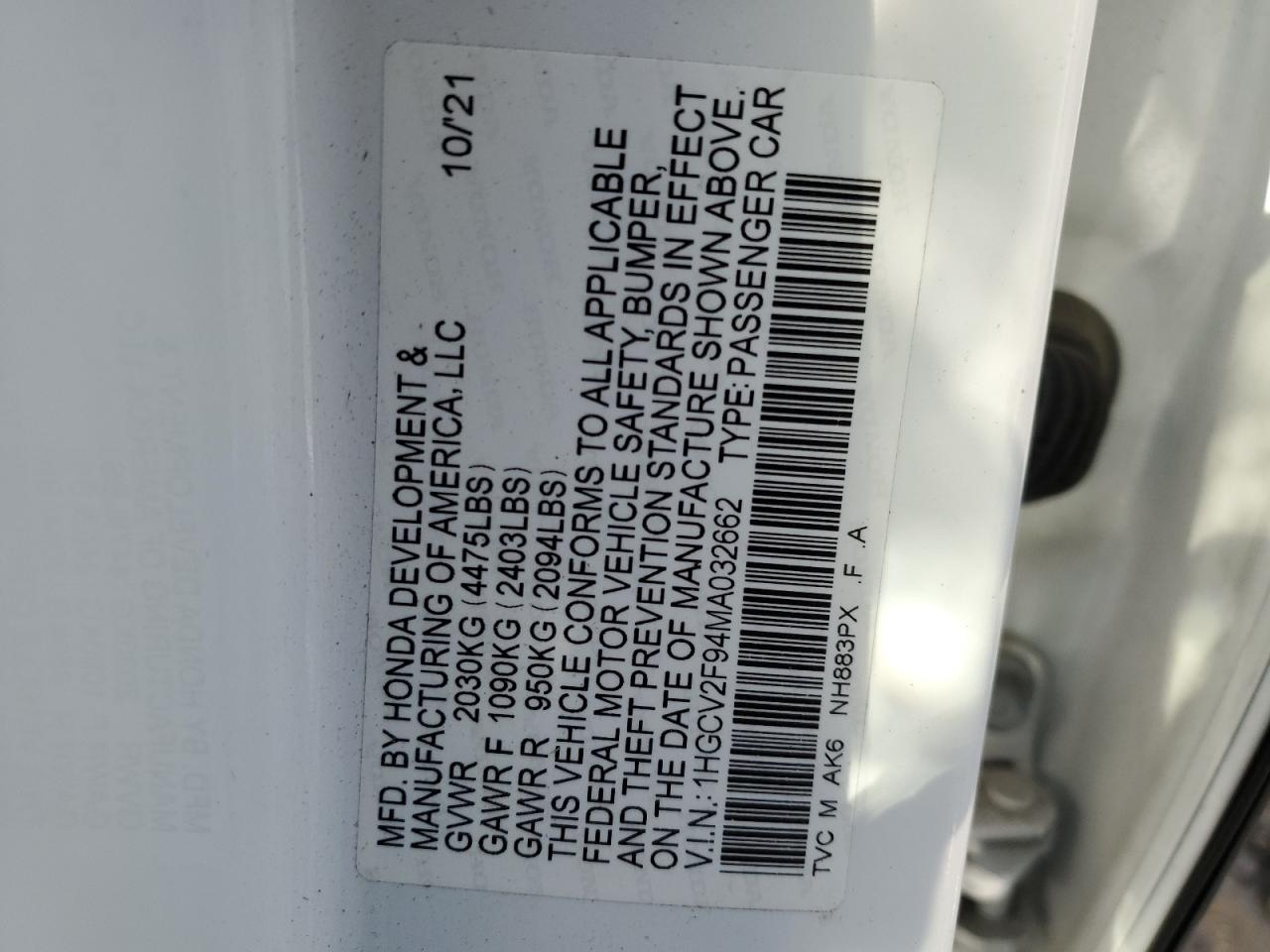 2021 Honda Accord VIN 1HGCV2F94MA032662 Copart auction photo, rollover damage thumbnail 12