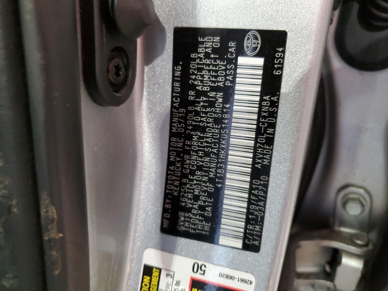 2019 Toyota Camry VIN 4T1B31HKXKU514814 Copart auction photo, rear end / side damage thumbnail 13