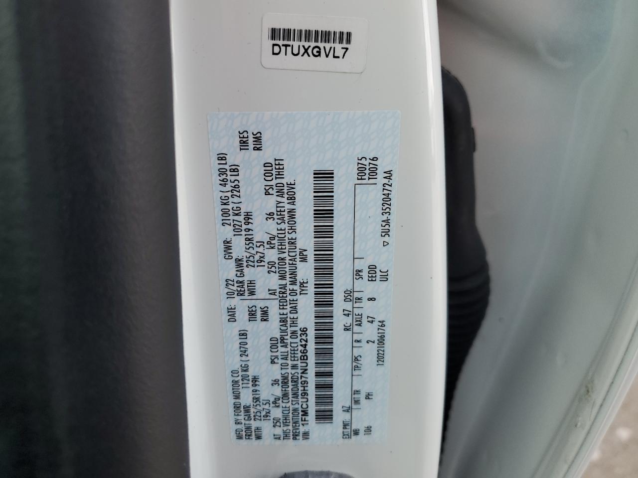 2022 Ford Escape VIN 1FMCU9H97NUB64236 Copart auction photo, front end damage thumbnail 14