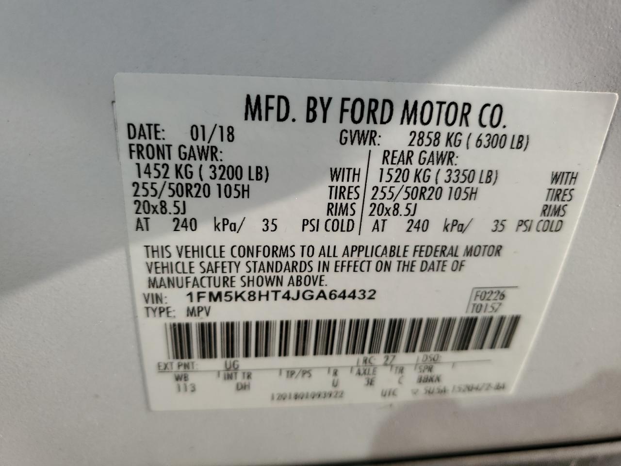 2018 Ford Explorer VIN 1FM5K8HT4JGA64432 Copart auction photo, front end / undercarriage damage thumbnail 13