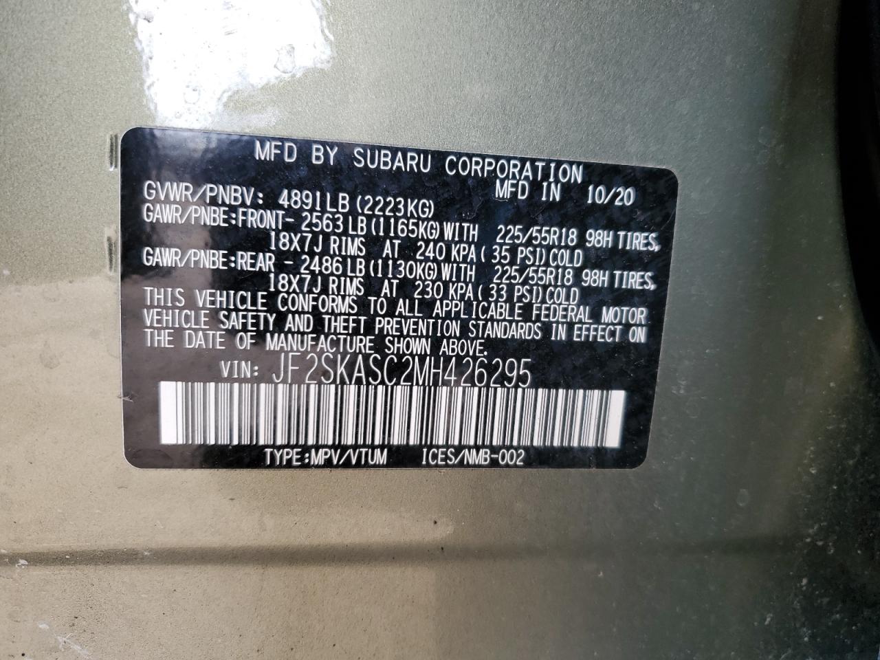 2021 Subaru Forester VIN JF2SKASC2MH426295 Copart auction photo, front end / minor dent/scratches damage thumbnail 13