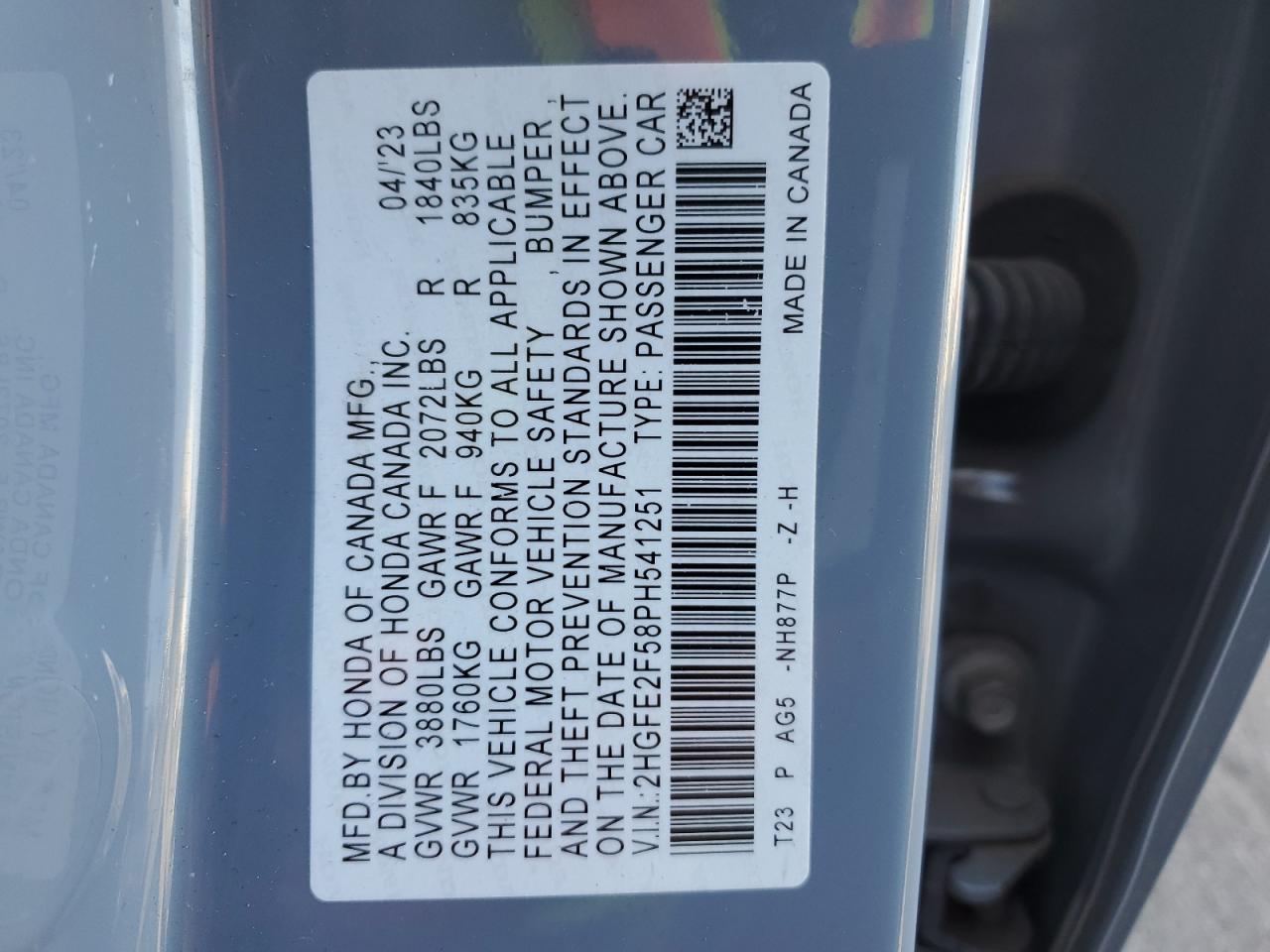 2023 Honda Civic VIN 2HGFE2F58PH541251 Copart auction photo, all over damage thumbnail 12