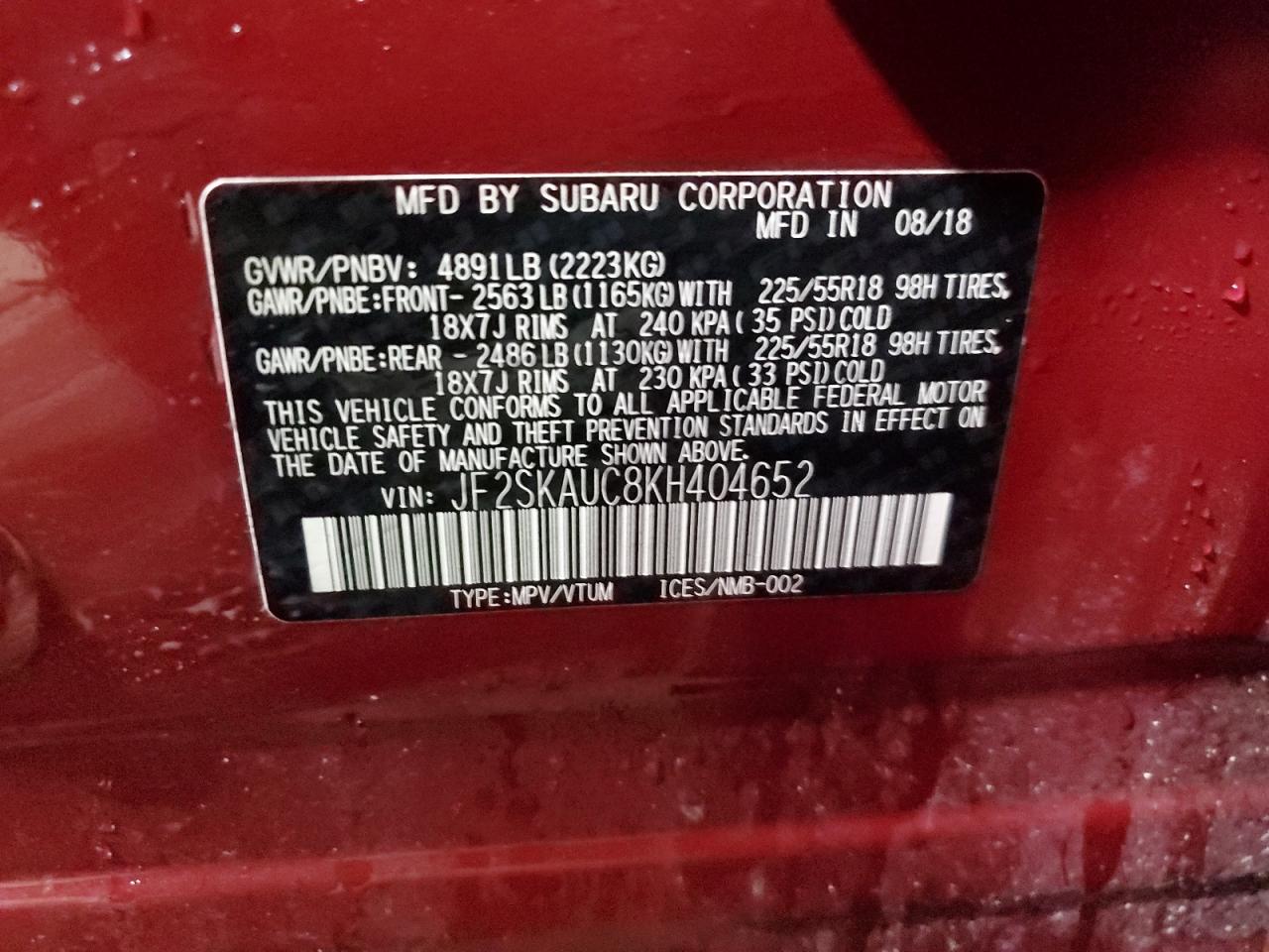 2019 Subaru Forester VIN JF2SKAUC8KH404652 Copart auction photo, front end / side damage thumbnail 13