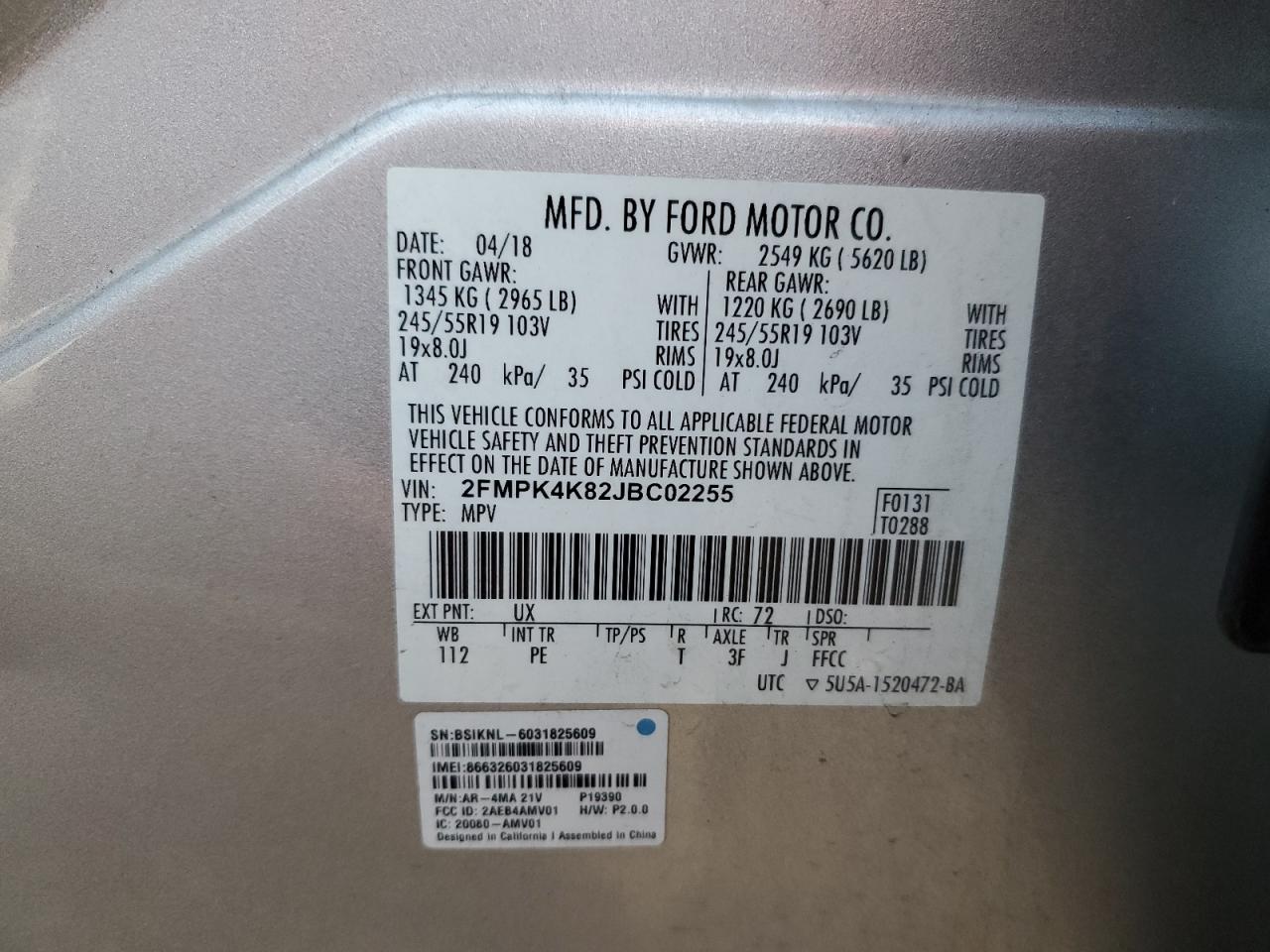 2018 Ford Edge VIN 2FMPK4K82JBC02255 Copart auction photo, front end / side damage thumbnail 12