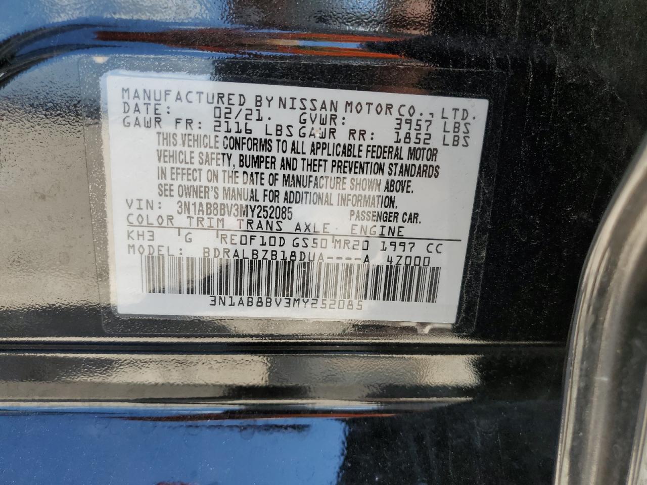 2021 Nissan Sentra VIN 3N1AB8BV3MY252085 Copart auction photo, front end / side damage thumbnail 14