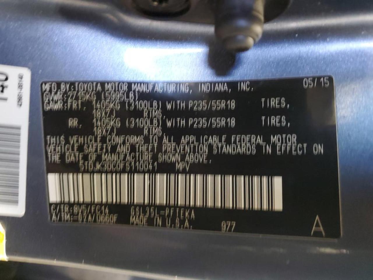 2015 Toyota Sienna VIN 5TDJK3DC0FS110041 Copart auction photo, rollover damage thumbnail 15