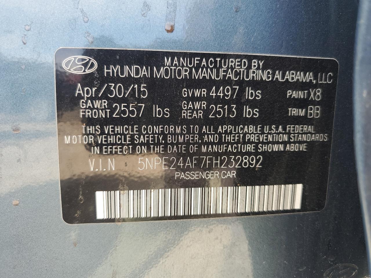 2015 Hyundai Sonata VIN 5NPE24AF7FH232892 Copart auction photo, all over damage thumbnail 12