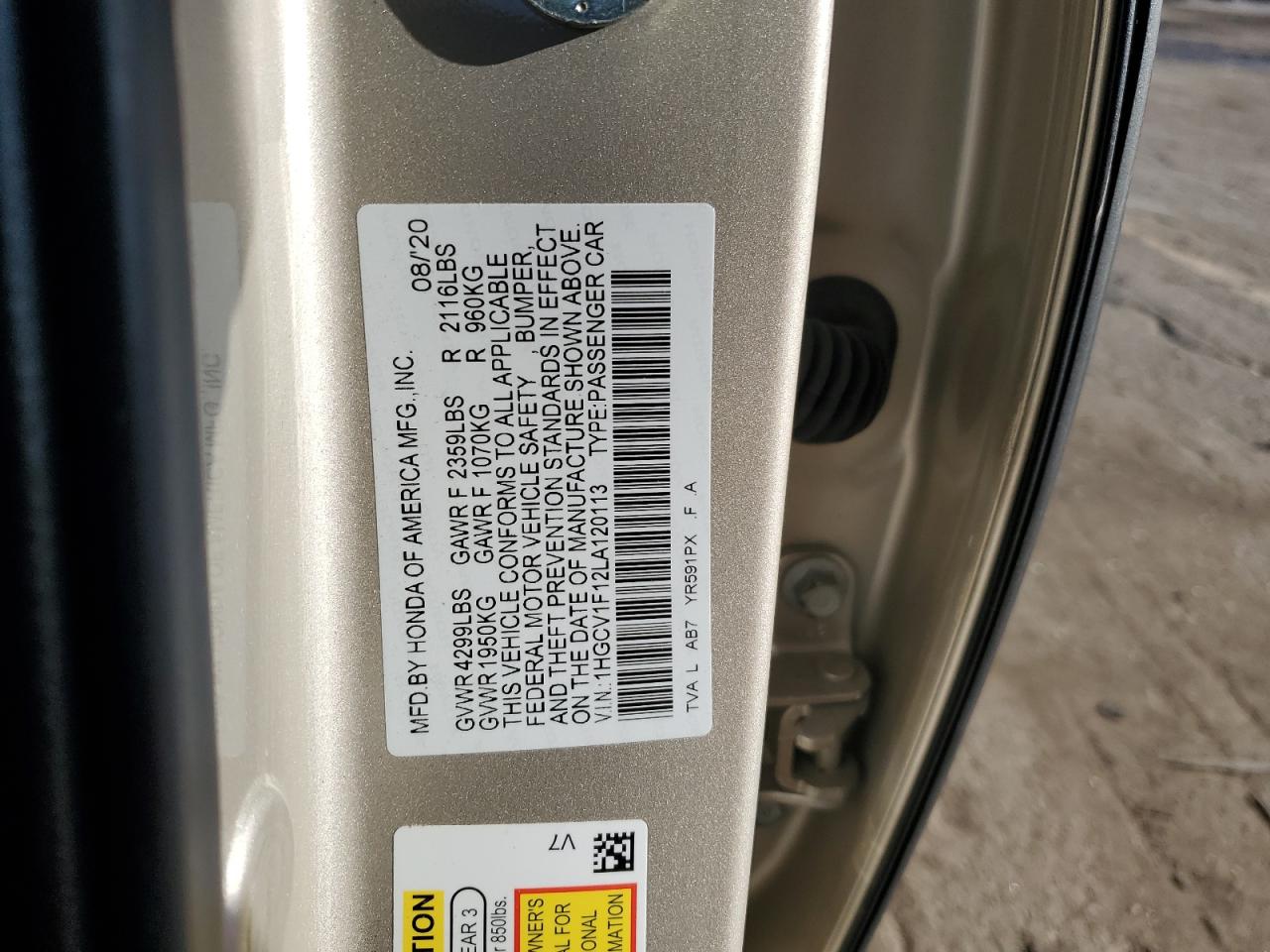 2020 Honda Accord VIN 1HGCV1F12LA120113 Copart auction photo, side damage thumbnail 14