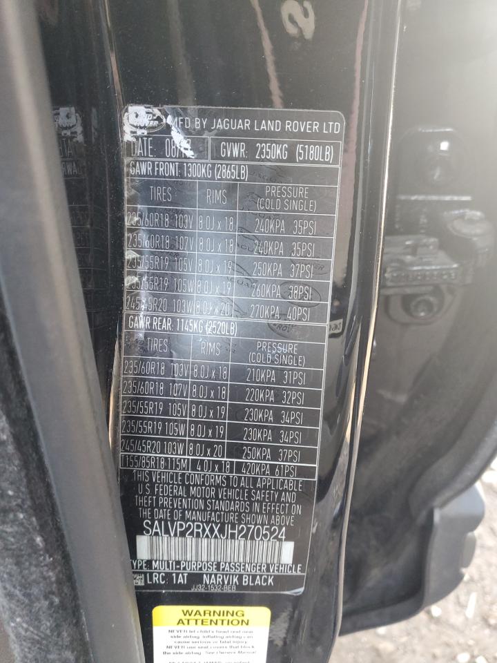 2018 Land Rover Range Rover VIN SALVP2RXXJH270524 Copart auction photo, rear end damage thumbnail 13