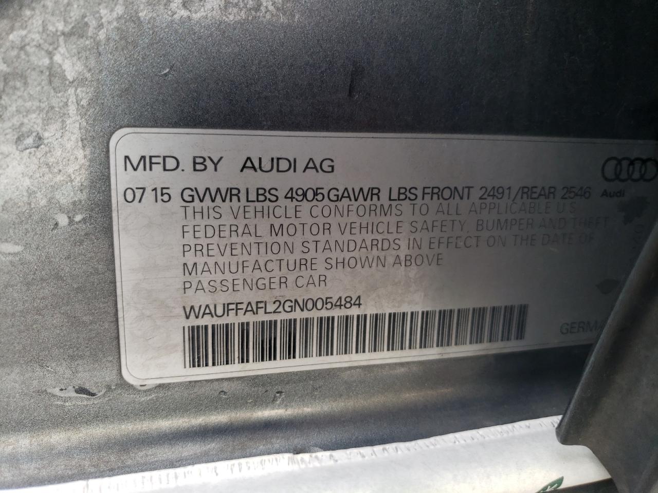 2016 Audi A4 VIN WAUFFAFL2GN005484 Copart auction photo, front end / side damage thumbnail 12