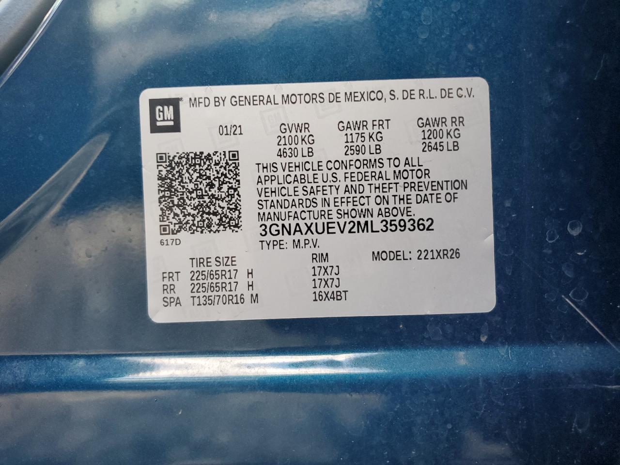 2021 Chevrolet Equinox VIN 3GNAXUEV2ML359362 Copart auction photo, front end / rear end damage thumbnail 13