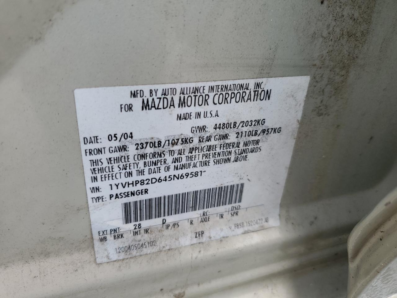 2004 Mazda 6 VIN 1YVHP82D645N69581 Copart auction photo, front end damage thumbnail 15