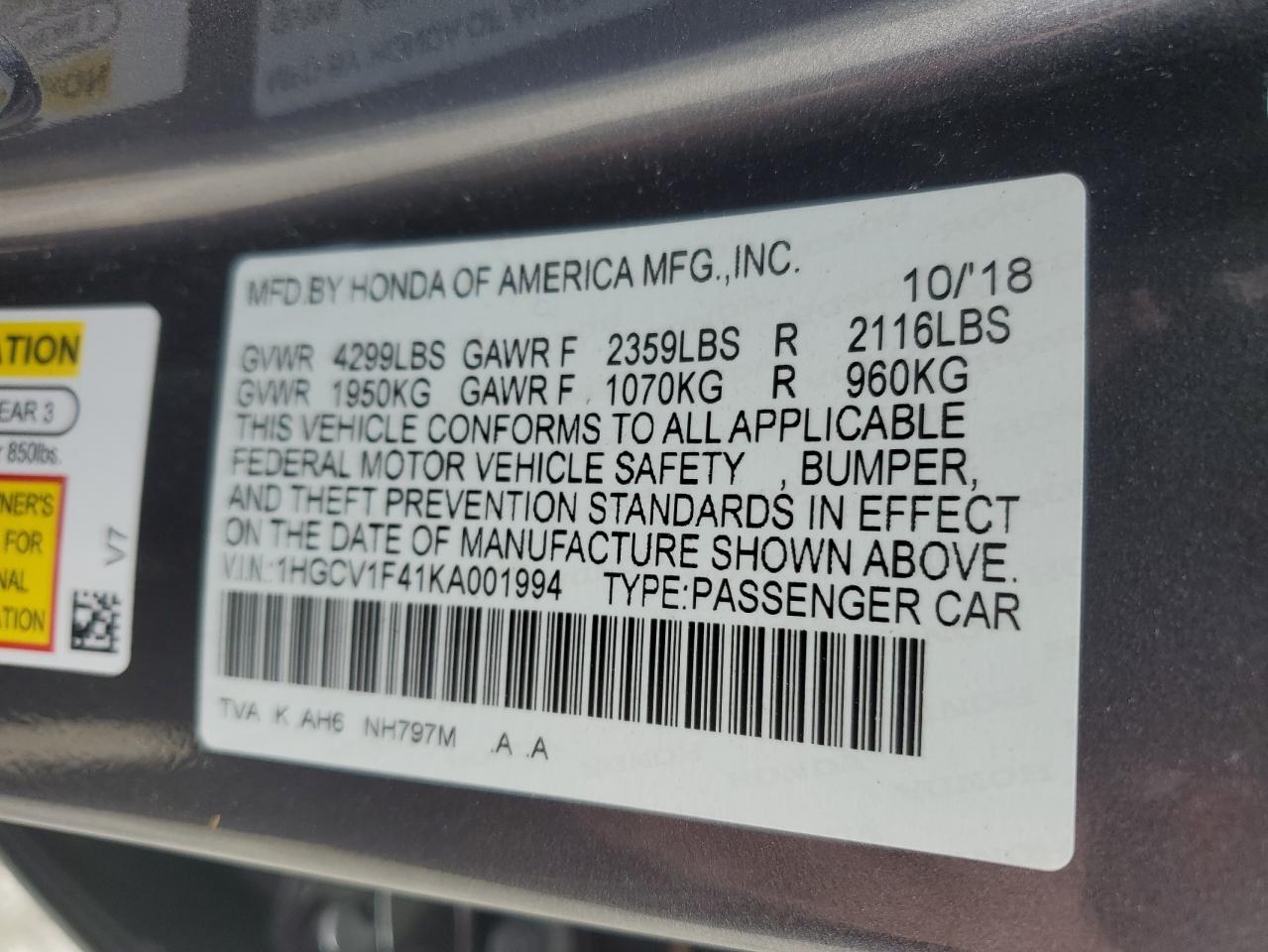 2019 Honda Accord VIN 1HGCV1F41KA001994 Copart auction photo, rear end / minor dent/scratches damage thumbnail 13