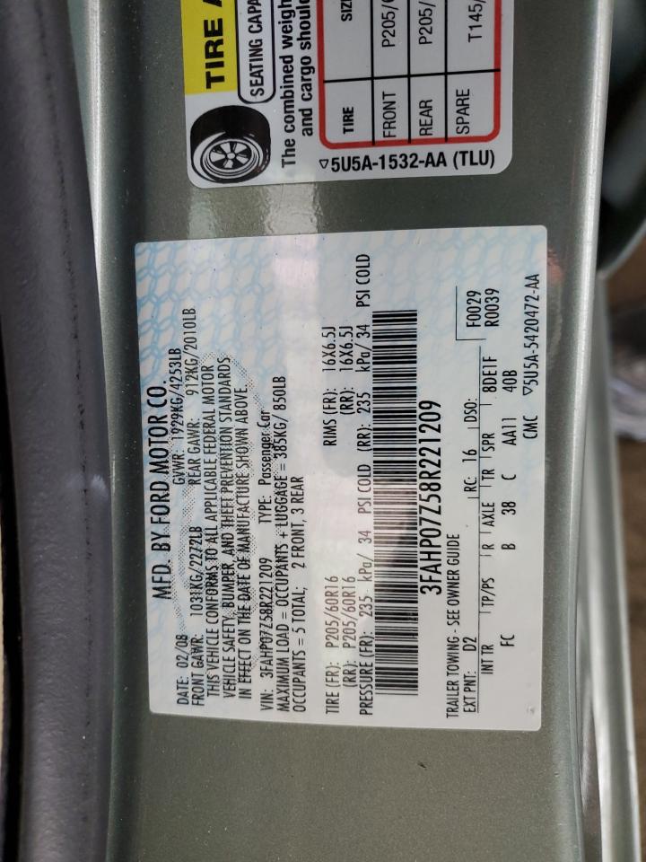 2008 Ford Fusion VIN 3FAHP07Z58R221209 Copart auction photo, side damage thumbnail 12