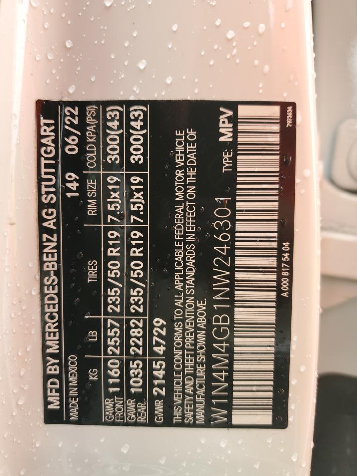 2022 Mercedes-Benz GLB VIN W1N4M4GB1NW246301 Copart auction photo, water/flood damage thumbnail 14