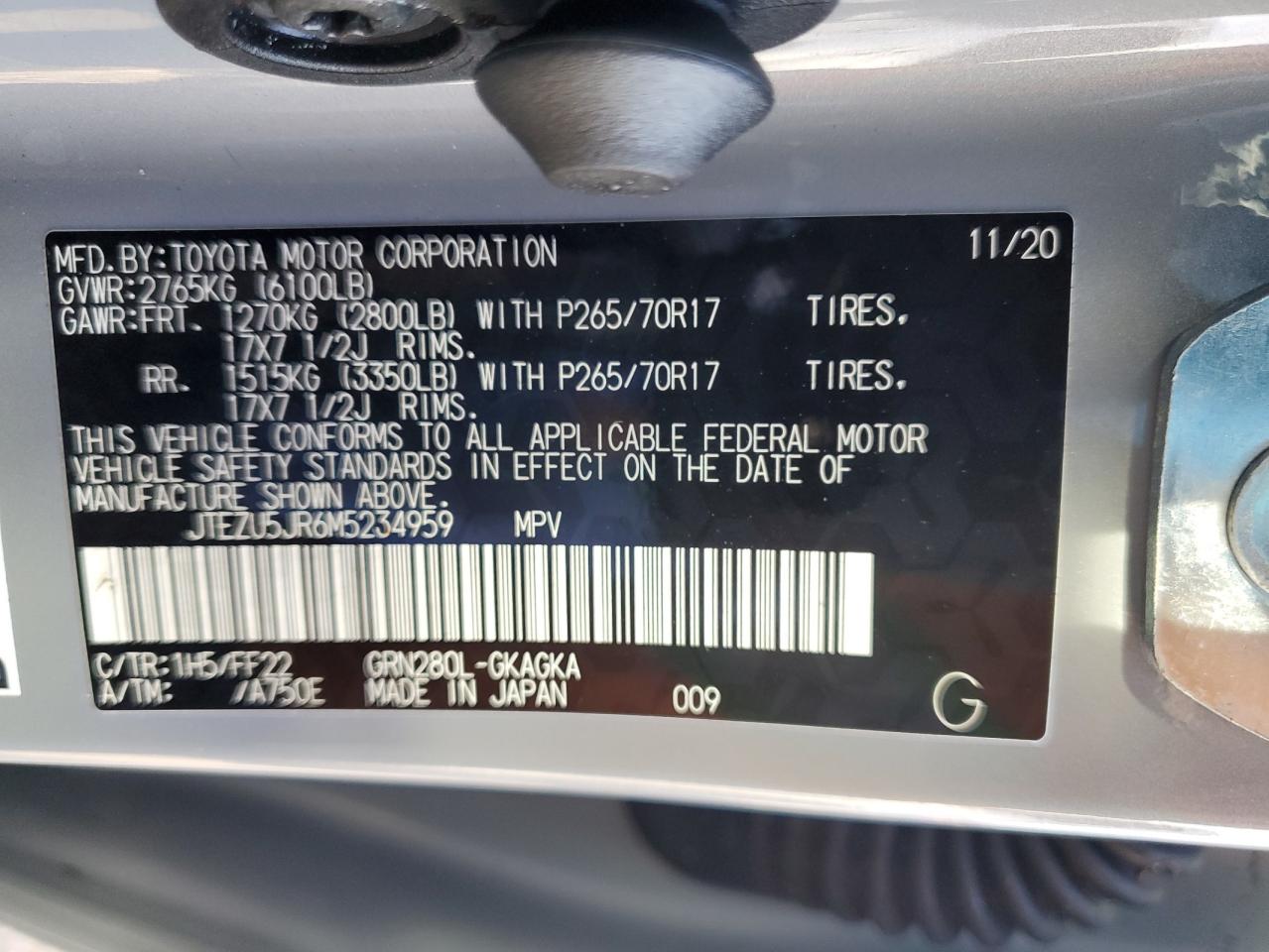 2021 Toyota 4Runner VIN JTEZU5JR6M5234959 Copart auction photo, water/flood damage thumbnail 14
