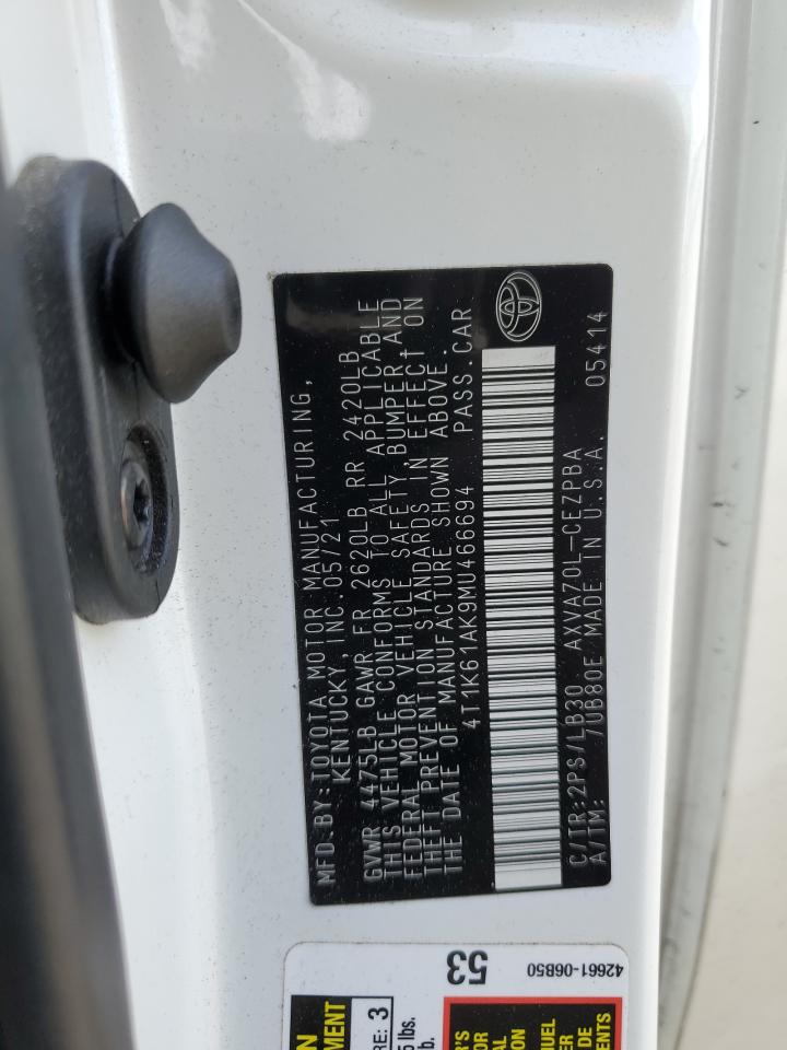 2021 Toyota Camry VIN 4T1K61AK9MU466694 Copart auction photo, front end damage thumbnail 13
