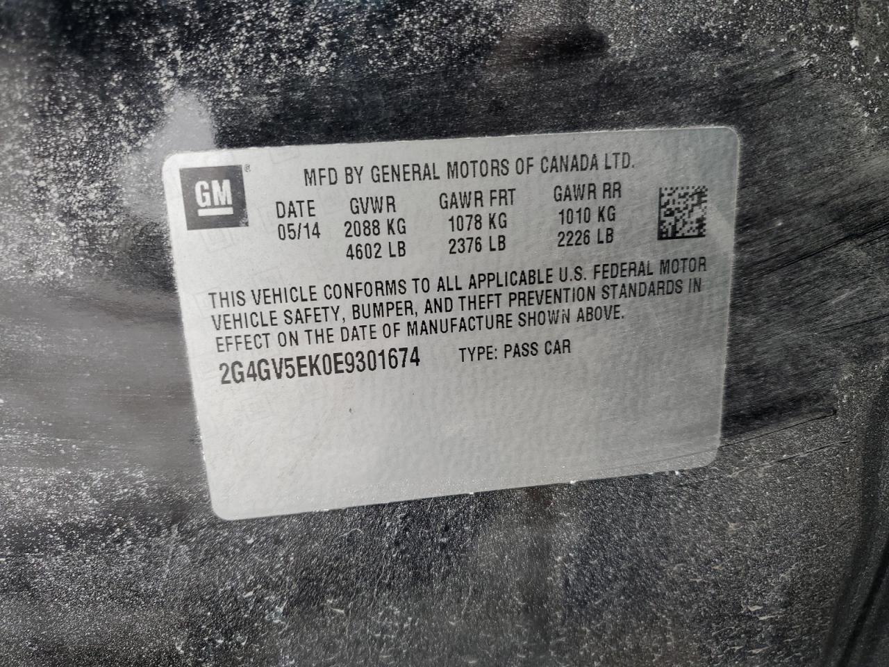 2014 Buick Regal VIN 2G4GV5EK0E9301674 Copart auction photo, front end damage thumbnail 12