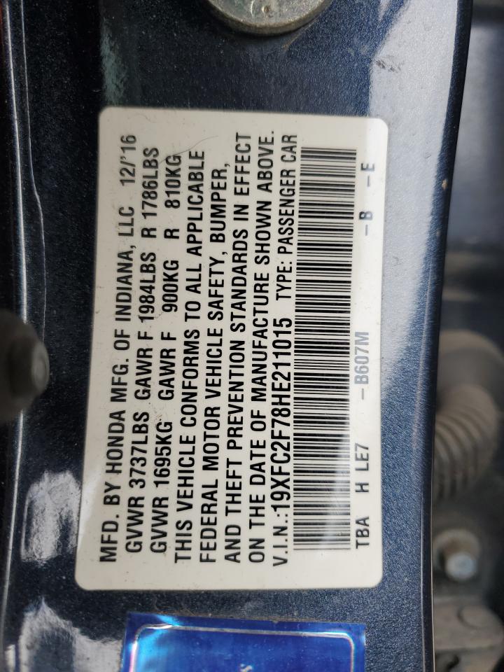 2017 Honda Civic VIN 19XFC2F78HE211015 Copart auction photo, rear end / side damage thumbnail 15